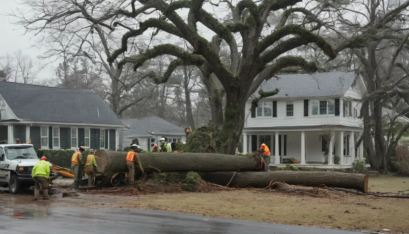 Tree service crew safely clearing a storm-fallen tree from a home in Franklin
