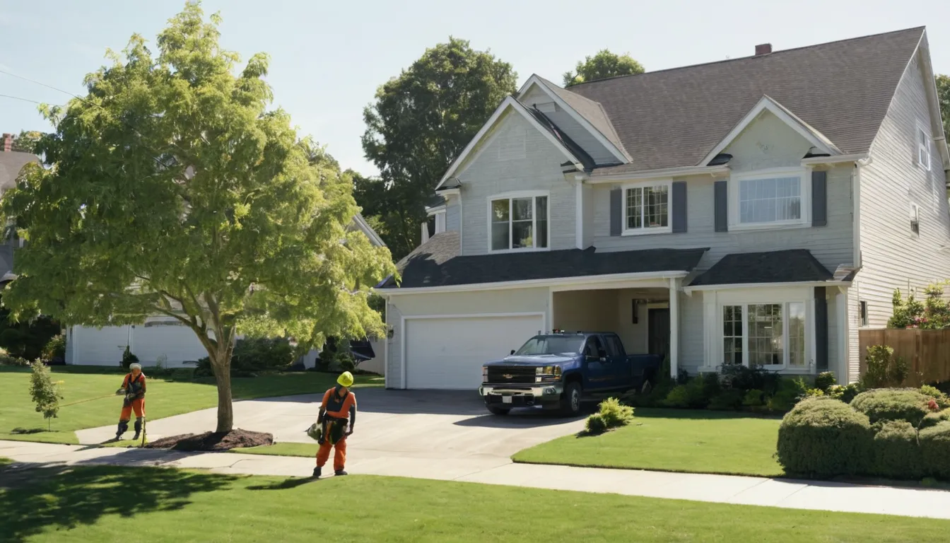 A tree service professional guiding a large branch down in a residential yard in Franklin