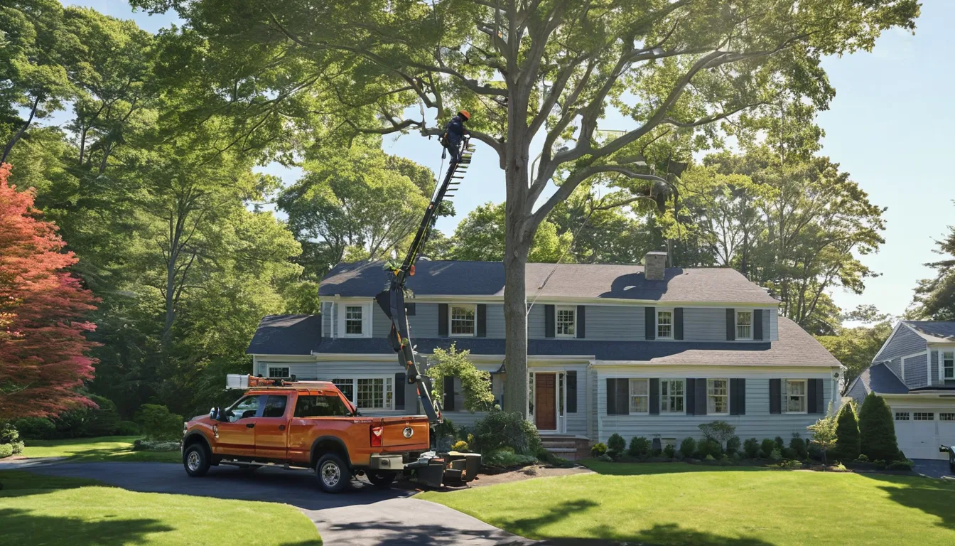 Tree removal provider lowering a section of a large backyard tree at a Franklin home